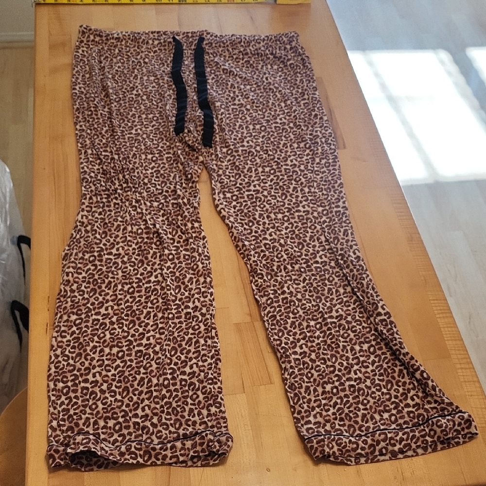 Brown Leopard Print Lounge Pajama Pants Elastic Waist W Drawstring